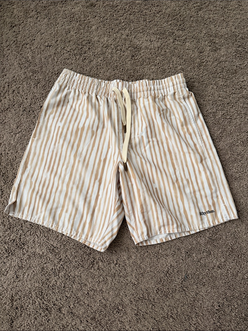 Rhythm. Men’s Beige & White Vertical Stripe Swim Trunks-
Size 30